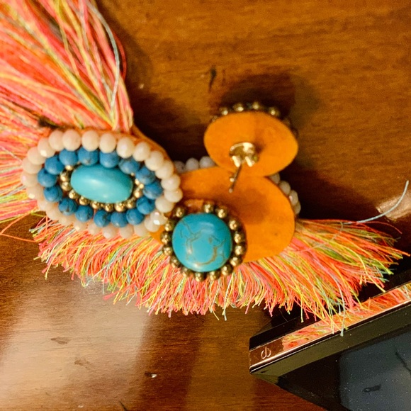 NEIMAN MARCUS Neon Orange & Turquoise Boho Hand Beaded Fringe Statement Earrings - Picture 12 of 15